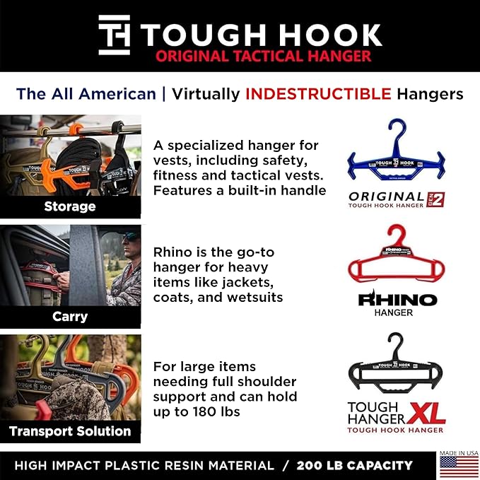 Rhino Tough Hook Heavy Duty Clothes Hangers – Made in USA, Military Grade Coat Hanger for Body Armor – 200-lb Capacity Suit Hangers – The Everyday for Everything, The Indestructible Hanger, 1 Red