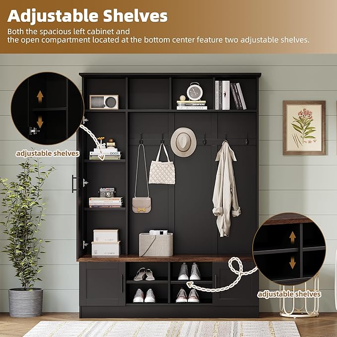 Versatile 3-in-1 Hall Tree, 55" W Modern Entryway Coat Rack with Multiple Storage Space, 6 Hooks, Farmhouse Walnut Storage Bench with Adjustable Shelves for Mudroom, Living Room