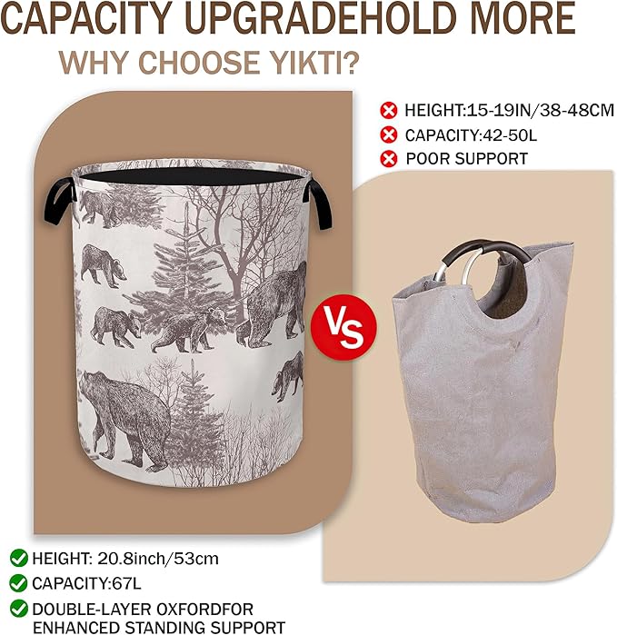 Forest Bear Laundry Hamper,Vintage Animal Clothes Hamper for Laundry,Waterproof Oxford Toy Storage Collapsible Hampers for Bedroom, Dorm Room,Bathroom,16x20 Inch