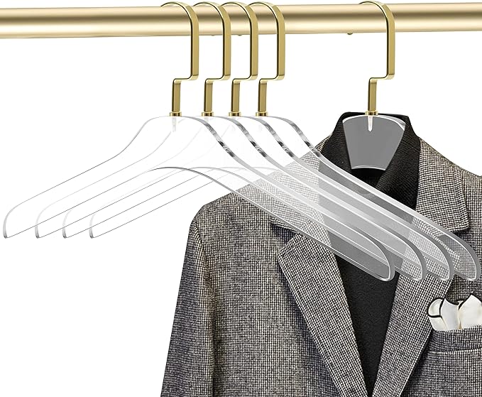 Quality Clear Acrylic Lucite Coat Suit Hangers, Stylish Clothes Hanger with Silver Hook - Coat Hanger for Dress, Suit - Adult Closet Organizer Hangers Gloss Gold, 5 Pcs