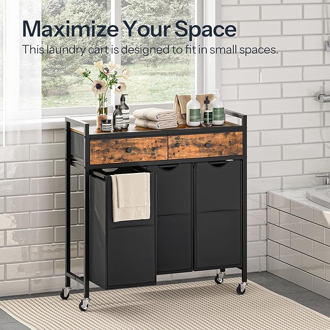 HOOBRO Laundry Sorter 3 Section, 130L Laundry Hamper with 2 Drawers, Rolling Laundry Basket, Pull-Out and Removable Laundry Bags for Laundry Room Organization, Rustic Brown and Black BF78XY01
