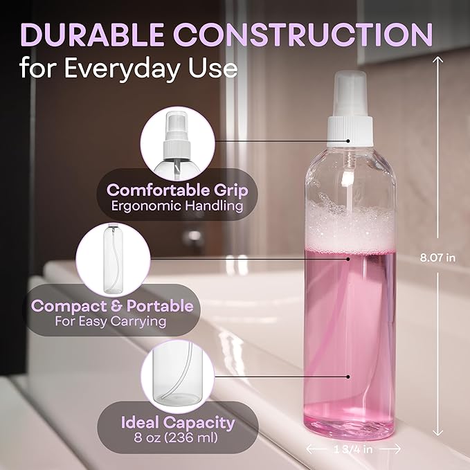 BRIGHTFROM Fine Mist Spray Bottles 8 oz, Empty Refillable Containers - Essential Oils, Disinfectant Spray, Water - Pack of 3