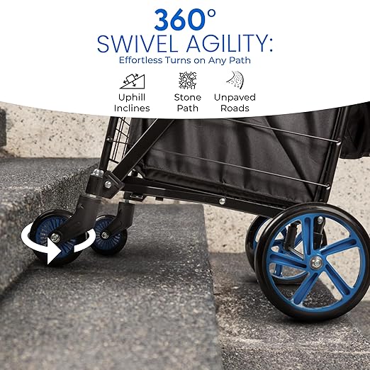 SereneLife Large Folding Utility Shopping Cart with Removable Liner – Heavy Duty, 360° Swivel Wheels, 110 lb Capacity, Portable for Groceries, Laundry, Luggage, and More(Blue)