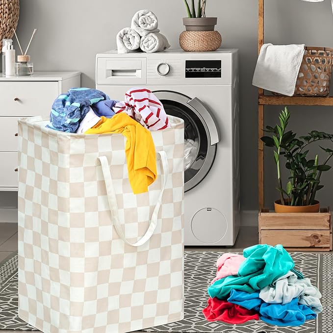 Beige Checkered Laundry Basket Girls Hamper Storage Bins Organizer Toy Box Large Canvas Collapsible Chest for Home/Dorm/Kitchen/Pet/Office/Closet/Shelf/Gift Baskets