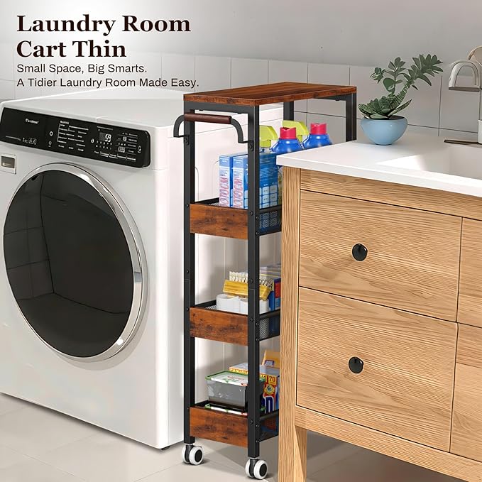 4 Tier Slim Rolling Cart with Wheels for Kitchen, Utility Narrow Storage Cart with Wood Top& Wood Handle for Small Space, Skinny Metal Organization Trolley Laundry Slim Storage Cart 7.9"