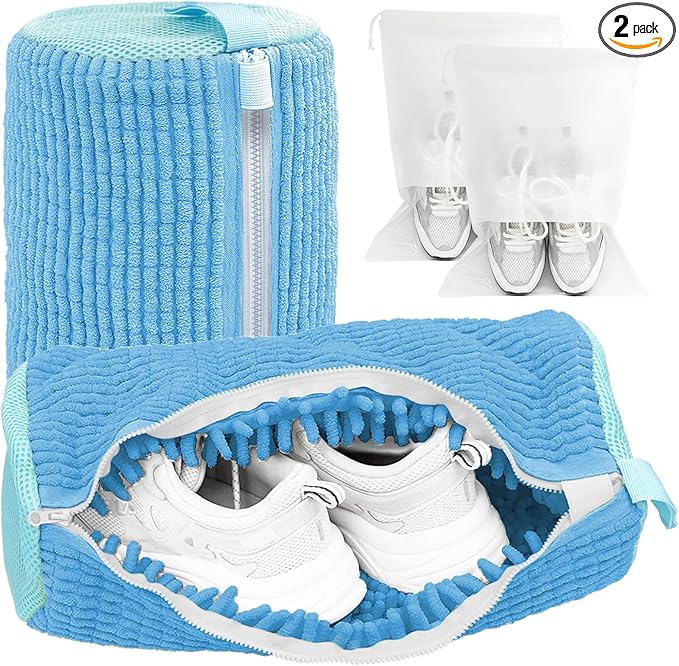Shoe Washing Machine Bag,Laundry Shoe Bag for Washer and Dryer,Reusable Shoe Cleaning Bag for Sneakers,Tennis Shoes,With Self-locking Zipper, Microfiber Inside,Include Shoes Storage Bag (Blue(2PC))