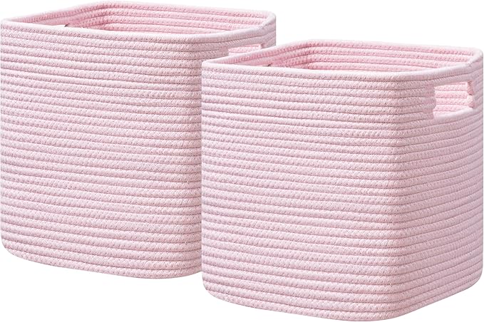 UBBCARE Storage Cubes 11 Inch, Cotton Rope Woven Baskets for Organizing, Cube Storage Bin for Baby Nursery, 2-Pack Square Toy Storage Baskets for Shleves Organizer, Closet, Kidsroom, Pink