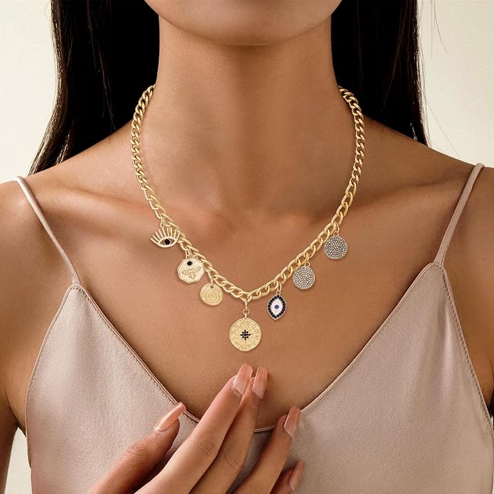 Chunky Gold Necklace for Women Gold Evil Eye Cowboy Pendant Necklace Dainty Paperclip Chain Vintage Luck Amulet Choker Necklaces Celestial Jewelry Gift