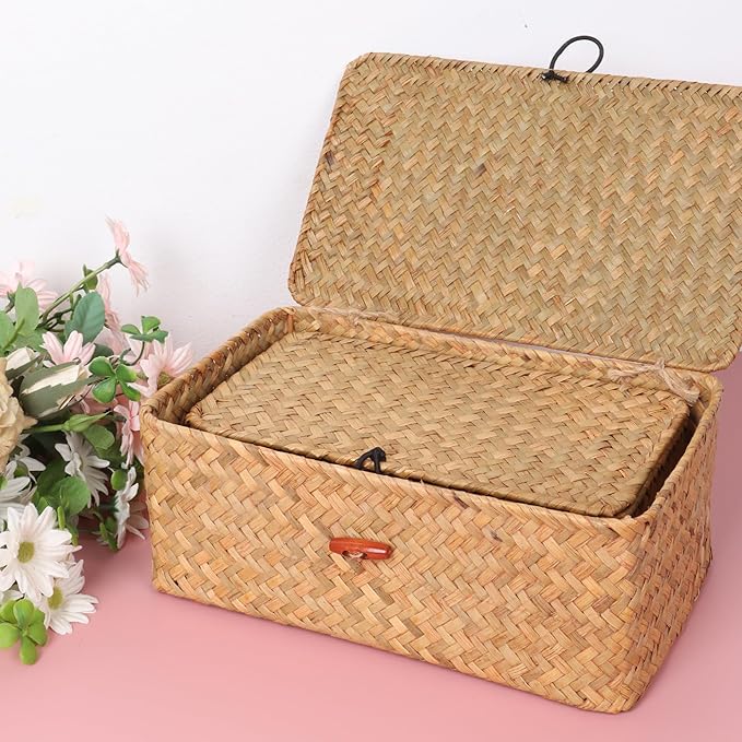 Wicker Shelf Baskets with Lid,Handwoven Seagrass Basket for Storage Basket Bins Rectangular Home Organizer Gift Boxes (Natural Set of 2)