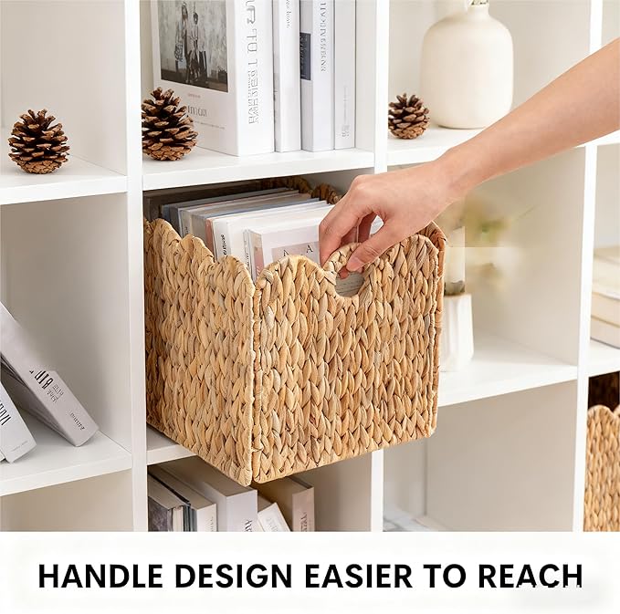 Scalloped Wicker Storage Cubes Basket, Heavy Duty Paper rope/Hyacinth/Seagrass Baskets for Shelves, Foldable Natural Boho Square Bins (Water Hyacinth, 10.5 x 10.5 x 10.5in, 4-Pack)