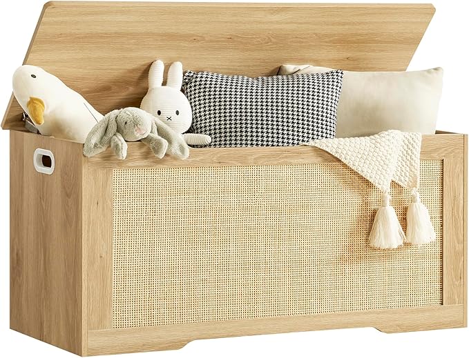 usikey 39.4” Storage Chest, Toy Box with 2 Safety Hinges, Toy Chest for Bedroom, Storage Bench with Storage, Shoe Bench, Supports 220 lb, for Living Room, Entryway, Natural