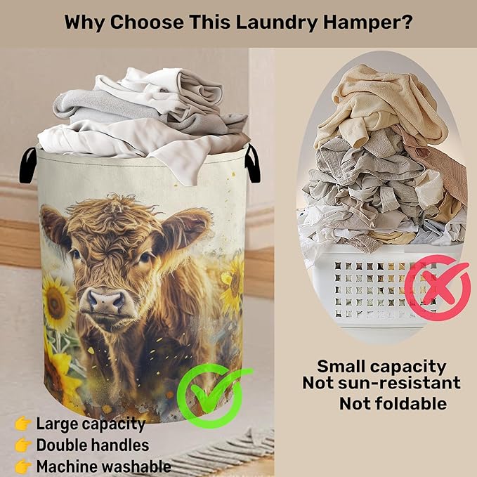 Sunflower Highland Cow Laundry Basket - Heavy Duty 60L Dirty Clothes Organizer, Water Resistant Foldable Hamper for Men Women