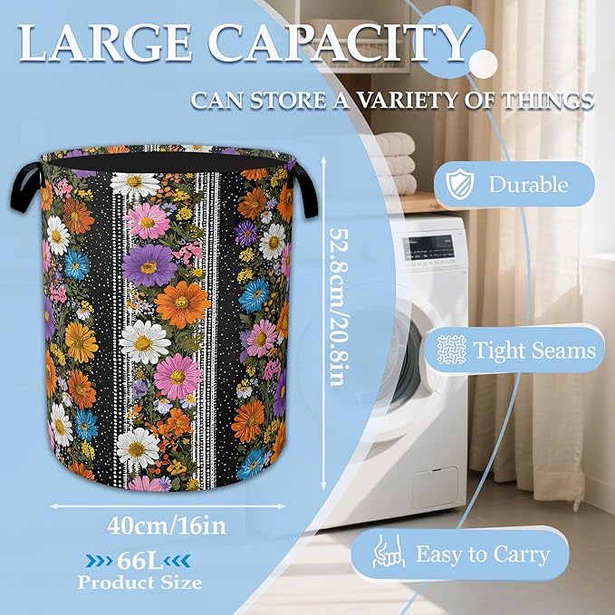Flower Art Laundry Basket Oxford Cloth Laundry Hamper With Handle, Clothes Storage Basket Toy Organizer for Bathroom/Bedroom/Dormitories 16" X 20.8"