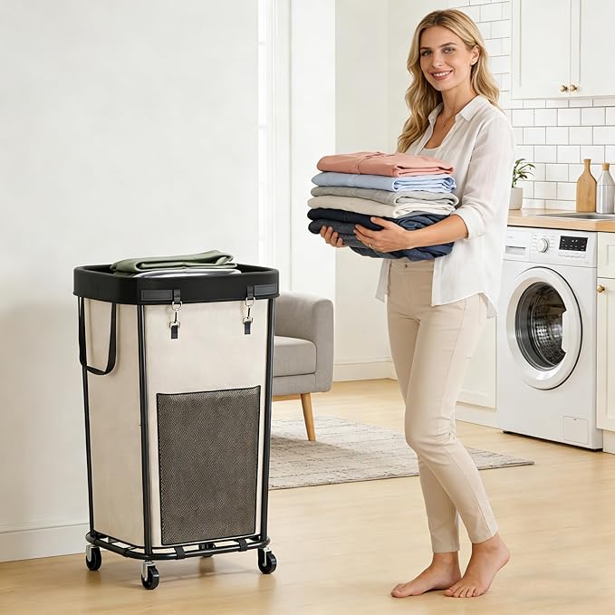 Laundry Basket with Wheels Rolling Laundry Basket, Removable Laundry Bag Design for Daily Use in Bathrooms and Laundry Rooms (White, 160L)