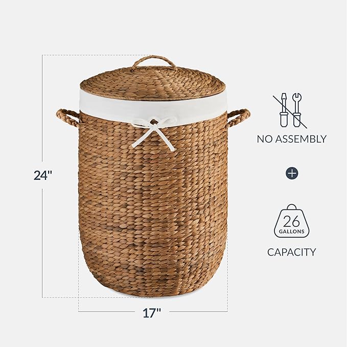 Best Choice Products Round Laundry Hamper w/Lid, Handwoven Laundry Basket, Built-in Handles & Removable Liner for Clothes, Towels, Blanket & Storage Organization - Chestnut