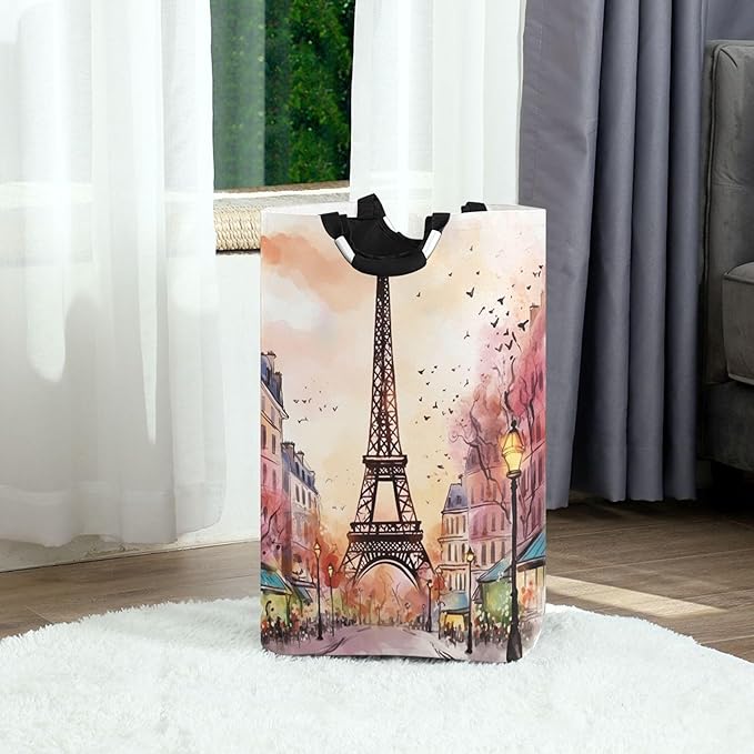 xigua Watercolor Paris Large Laundry Hamper with Handle, Foldable Clothes Hamper Collapsible Storage Basket for Toys and Clothes Organization in Bedroom, Bathroom, and Laundry Room