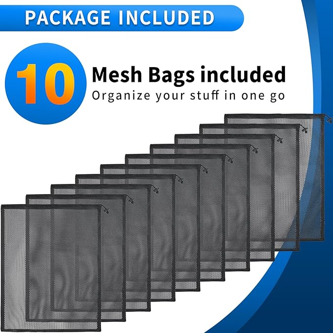 10 Pcs Mesh Drawstring Bag 16" x 20" with Cord Lock Closure, Durable Heavy Duty Nylon Mesh Bag for Travel Gym Laundry Swimming Soccer Ball Basketball Beach Toys Etc (Black)