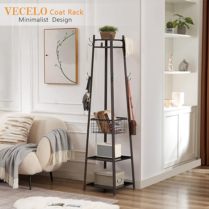 VECELO Coat Rack Freestanding,Hall Tree with Metal Basket and Storage Shelves,Industrial Coat Rack Stand with 8 Hooks for Hanging Coats/Hats/Bags/Umbrellas,18 x 18 x 72 In,Matte Black