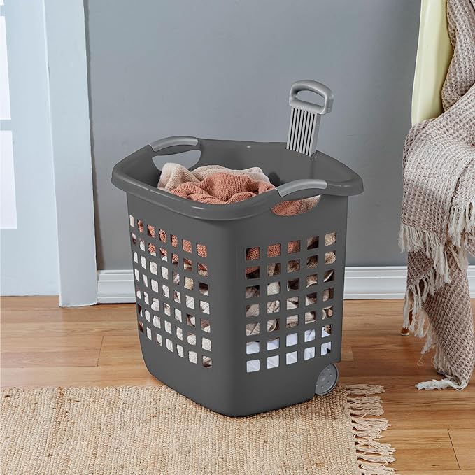 Sterilite 4 Pack Ultra Wheeled Laundry Basket, Plastic Clothes Hamper Bin with Wheels and Retractable Handle, 1.7 Bushel Capacity, Flat Grey