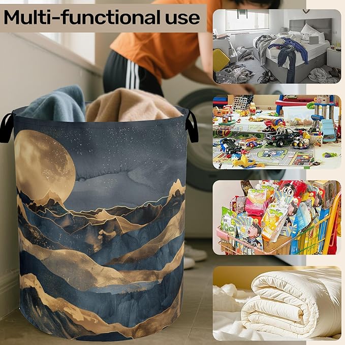 Golden Mountain Moon Laundry Basket with Handles - Extra Large Foldable Hamper for Bathroom/Laundry/Bedroom/Dorm, Washable Fabric Storage Bin