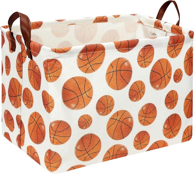 Rectangle Baksetball Print Storage Basket,Kid Toys Bin with Handles,Room Decor,Gift Basket(Basketball)
