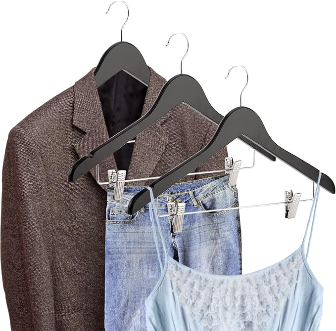 Tosnail 12-Pack Wooden Pants Clothes Hangers, Wooden Suit Hangers with Steel Clips and Hooks, Natural Solid Wood Collection Skirt Hangers, Standard Clothes Hangers - Black