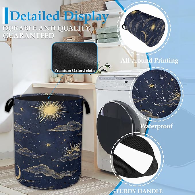 Sun Moon Laundry Basket Collapsible Laundry Hamper Clothes Toy Storage Bin for Bathroom Bedroom Room Decor 16" X 20.8"