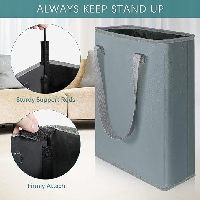 40L Slim Laundry Hamper with Padded Handles, 22” Foldable Narrow Laundry Basket for Small Spaces, College Dorm, Closet, Bedroom & Bathroom