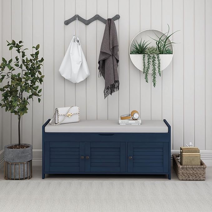 SOFTSEA Upholstered Storage Bench, Entryway Shoe Bench with Removable Cushion and Hidden Storage, Wooden Storage Ottoman with 3 Shutter-Shaped Doors for Entryway, Living Room, Bedroom, Blue