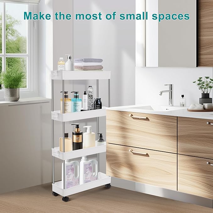 YSSOA Rolling Storage Cart, 4 Tier Slim Mobile Shelving Unit for Storage,360° Rotating Wheel Lockable Utility Cart,Great for Office, Kitchen, Bathroom, Laundry or Narrow Spaces, White