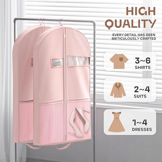 43" Travel Garment Bag with Accessories Zipper Pocket, Heavy Duty Suit Bag for Suits, Tuxedos, Dresses, Coats, Pink, 1 pack