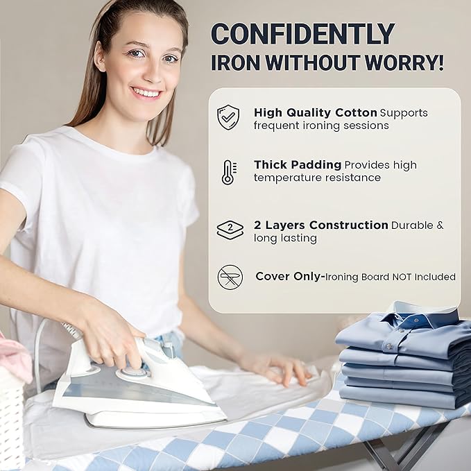 Ironing Board Cover and Pad 15"x54" Extra Thick Natural Cotton, Scorch and Stain Resistant Padding, Standard Size Iron Board Cover with Fasteners Heavy Duty Elastic Edge, Heatproof Checkered