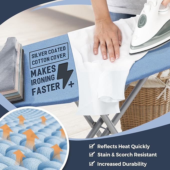 STO STO Ironing Board 48" x 15" with Iron Holder, Adjustable Height 26" to 36", Full Size Foldable Iron Board with Silver Coated Cotton Removable Cover, Sturdy Steel Frame and Legs, Blue