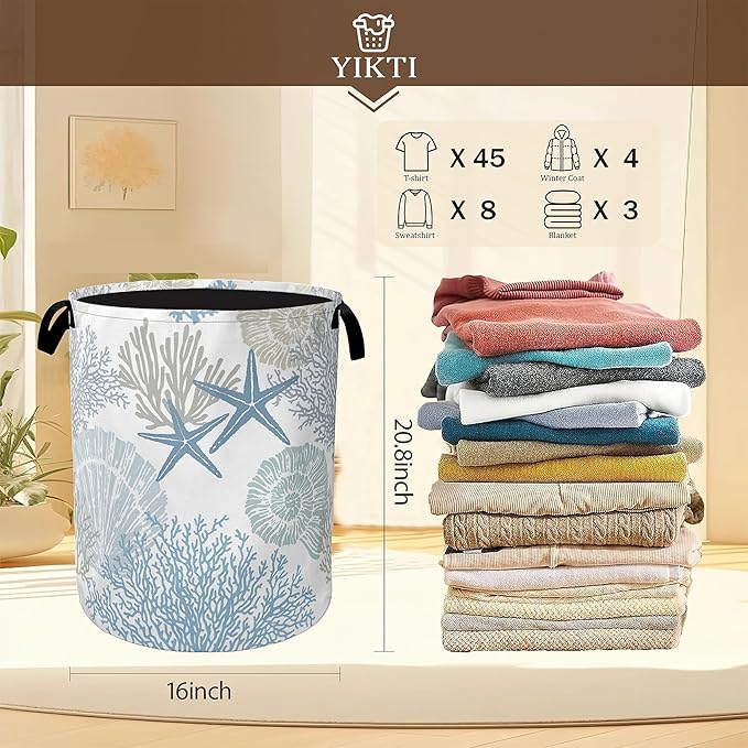 Collapsible Laundry Basket,Coastal Beach Dirty Clothes Hamper,Watercolor Shell Starfish Coral Hampers for Bedroom Waterproof Oxford Cloth Storage Organizer for Bathroom,Nursery,Dorm,16x20 Inch