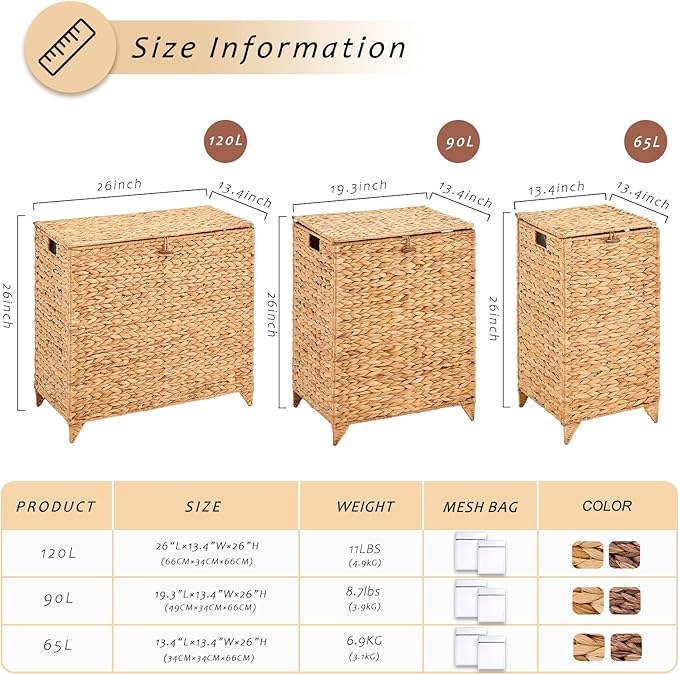 Handwoven Large Laundry Hamper with Lid and 2 Removable Liner Bags, Heightened Feet Natural Hyacinth Clothes Hamper,Wicker Laundry Basket for Clothes and Towels