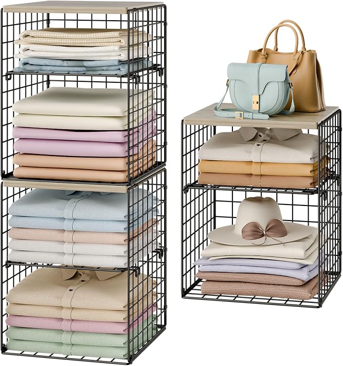6-Tier Stackable Closet Organizers and Storage Basket, Set of 3 Closet Shelf Organizer with Adjustable Divider & Wood Top Board, Clothes Storage Bins for Wardrobe Organizer System, Space-Saving, Black