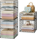 6-Tier Stackable Closet Organizers and Storage Basket, Set of 3 Closet Shelf Organizer with Adjustable Divider & Wood Top Board, Clothes Storage Bins for Wardrobe Organizer System, Space-Saving, Black