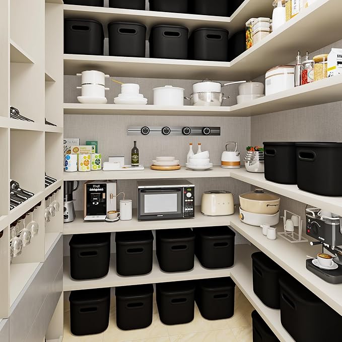 6 Pack Black Storage Bins with Lids for Shelves, Plastic Storage Containers with Lids for Organizing, Stackable Storage Boxes with Handle, Black Storage Bins for Classroom, Craft, Snacks