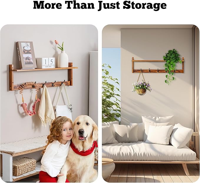29Inch Wall Mounted Coat Rack with Hooks and Shelf - Large Rustic Wood Coat Hangers for Hats, Keys, Towels, Robes – Functional Entryway Wall Organizer for Bathroom, Kitchen, Mudroom – Brown