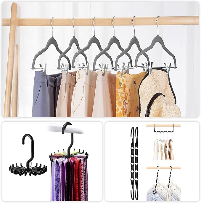 VECELO Premium Velvet Clothes Hangers Suit with Metal Clips (20 Pack)-Non Slip & Space-Saving with 1 Magic Hangers & 2 Tie Rack Excellent for Men and Women