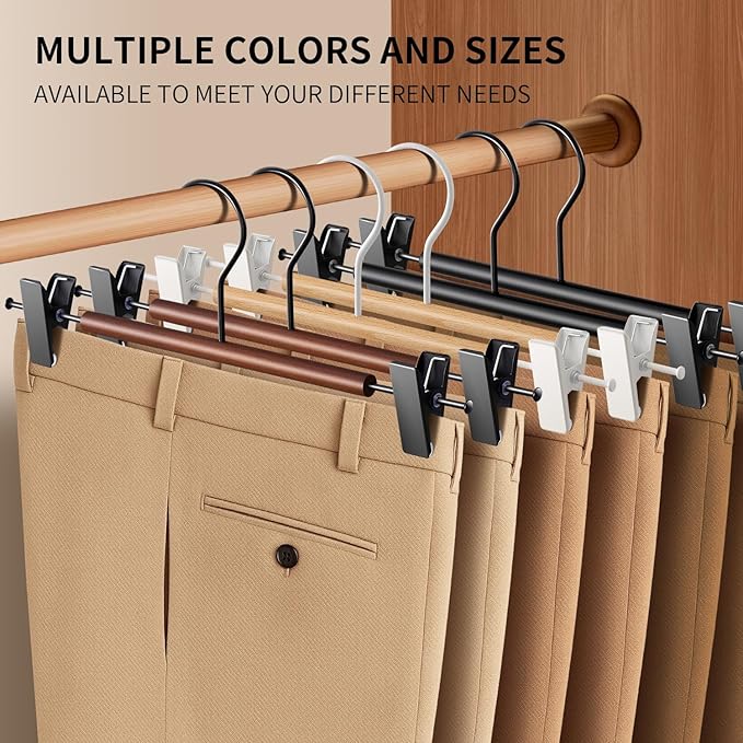 Wooden Pants Hangers with Clips 14Inch 20 Pack Adjustable Wood Skirt Hangers for Women&Men Space Saving Closet Non Slip Clothes Hanger for Jeans,Trousers,Short,Brown