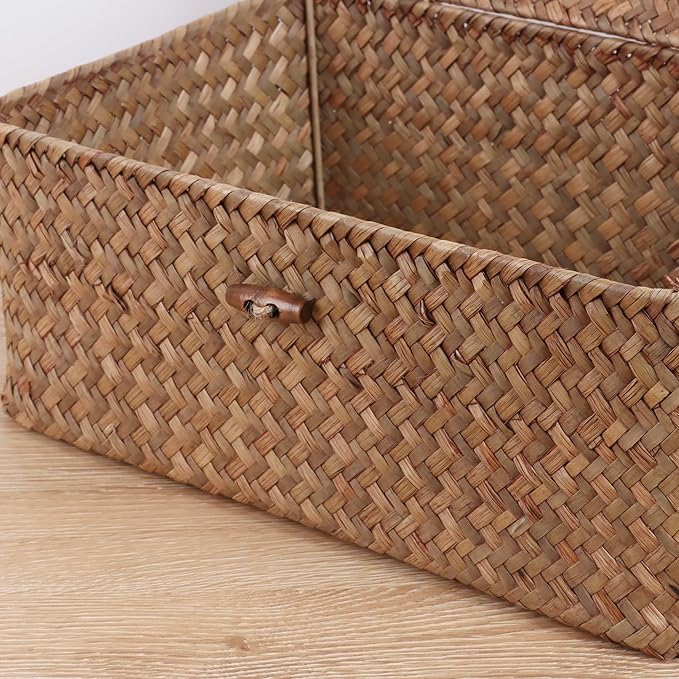FEIALNDUO Wicker Shelf Baskets with Lid,Seagrass Storage Basket Bins Rectangular Handwoven Basket Boxes for Shelves Desktop Home Organizer (Coffee, Large)