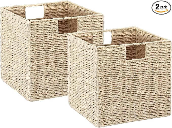 Vagusicc Wicker Storage Basket, Set of 2 Hand-Woven Paper Rope Wicker Baskets, Foldable Cube Storage Bins, Beige Storage Basket, Square Baskets for Organizing Shelves & Decor, Beige(13″×13″×13″)