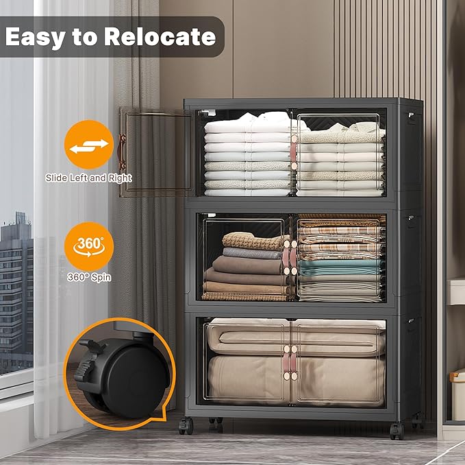 Extra Large Stackable Storage Bins with Lids & Wheels & Door, 672QT-112QT/28GAL*6Pack Foldable Collapsible Closet Organizers, Plastic containers drawers for bedroom Dorm