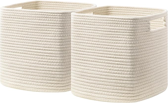 UBBCARE Storage Cubes 11 Inch, Cotton Rope Woven Baskets for Organizing, Cube Storage Bin for Baby Nursery, 2-Pack Square Toy Storage Baskets for Shleves Organizer, Closet, Kidsroom, Beige
