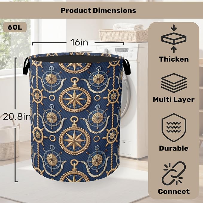 Navy Blue Sailor Anchor Laundry Basket with Handles - Extra Large Foldable Hamper for Bathroom/Laundry/Bedroom/Dorm, Washable Fabric Storage Bin