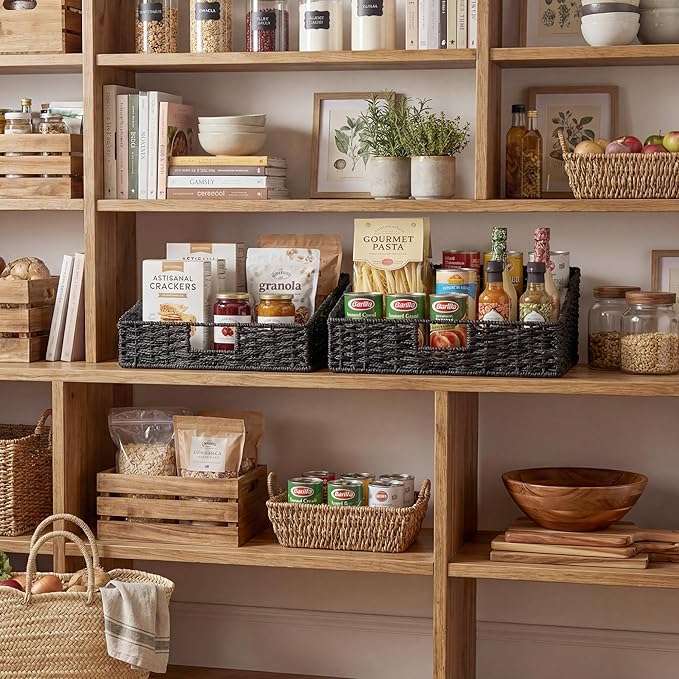 StorageWorks Wicker Baskets with Handles, Pantry Organizers and Storage, Paper Rope Pantry Baskets for Shelves, Black，2-Pack