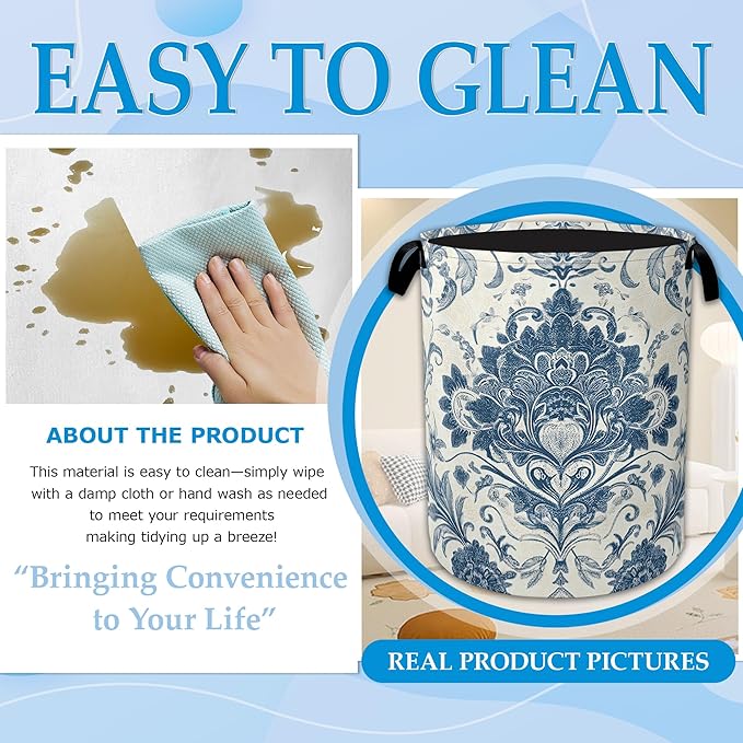 Vintage Blue Floral Laundry Basket Collapsible Laundry Hamper Clothes Toy Storage Bin for Bathroom Bedroom Room Decor 16" X 20.8"