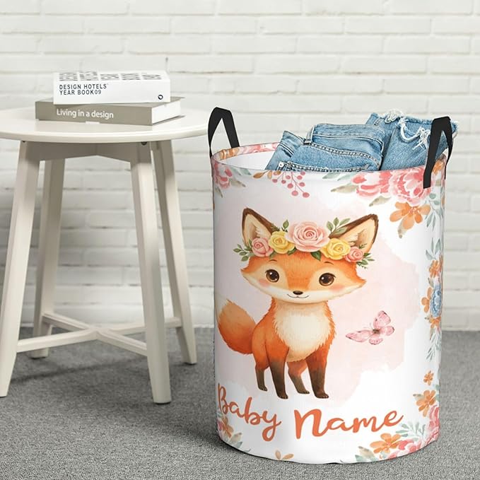Personalized Fox Laundry Basket For Baby Kids Boys Girls Adult Custom Hamper Basket With Name For Bathroom Bedrooms Collapsible Baby Dirty Clothes Hamper With Handles