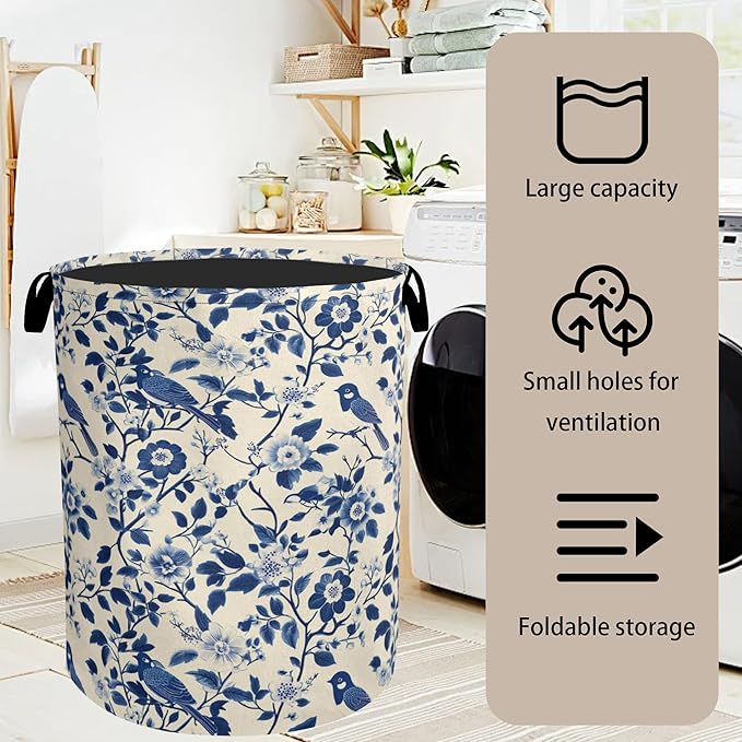 Navy Blue Beige Birds Laundry Basket - Heavy Duty 60L Dirty Clothes Organizer, Water Resistant Foldable Hamper for Men Women